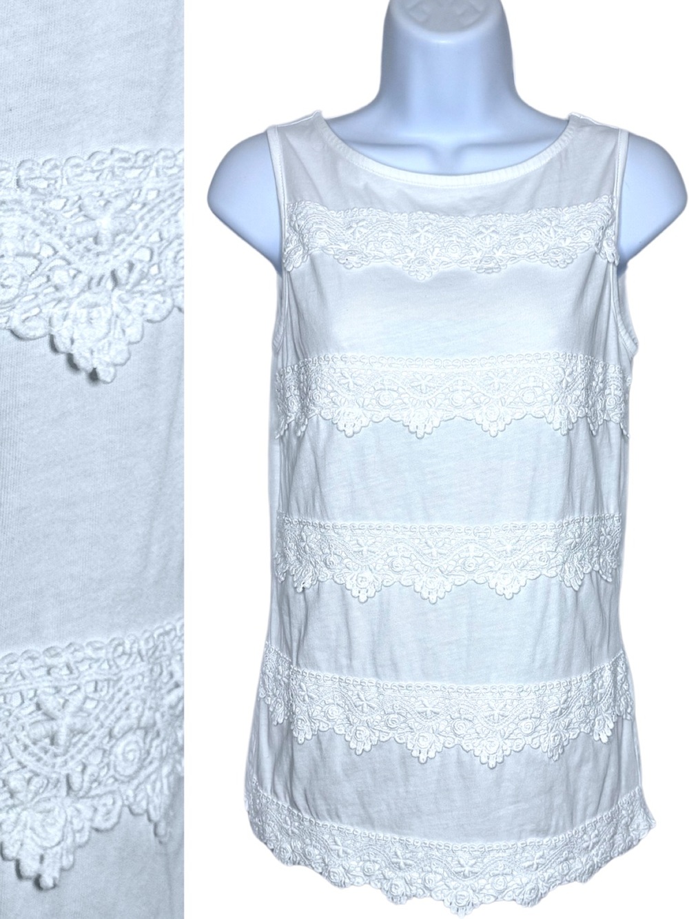 Talbots Petite Lace Trim Tank Top Womens SP White Sleeveless Stretch Cotton